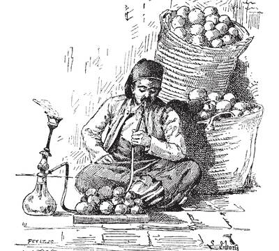 A man is shown smoking a hookah in this vintage illustration from the “Dictionary of Words and Things” (Larive and Fleury, 1895).
